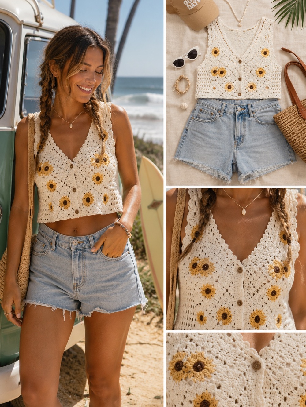 Handmade Sunflower Crochet Crop Top Size L Boho Beach Festival Vest